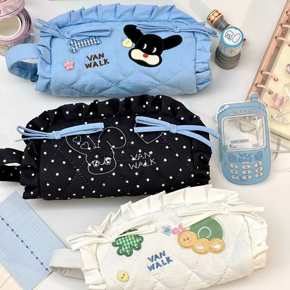 Kawaii Sweet Bow Pen Bag Dog Rabbit Ruffle Makeup Storage Bag Large Capacity Organize Pencil Pouch Case School Supplies