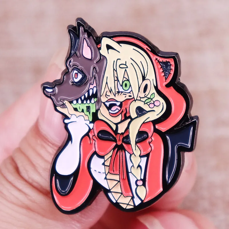 Blood Fairy Tales Horror Movie Red Riding X Hood Howled Girl Wolf Head Enamel Pins Lapel Pin Shirt Bag Badge Jewelry