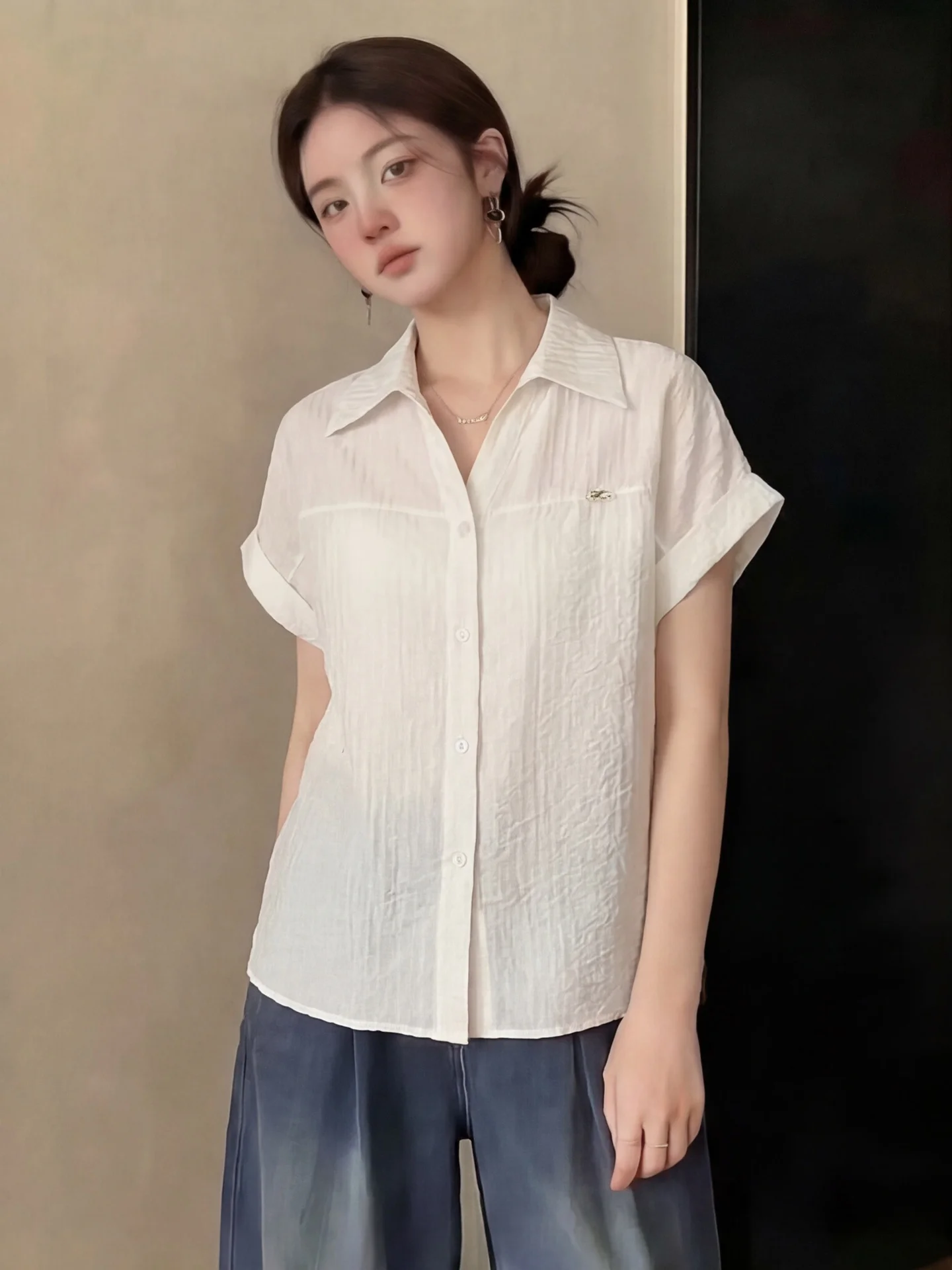 

White Striped Flip-Collar Short-Sleeve Shirt Women's Summer Lightweight Breathable Unique Beautiful Miu Style Open Cardigan
