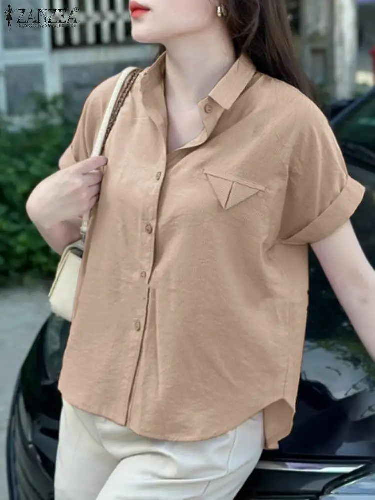 

Women Summer Blouse 2024 ZANZEA Fashion Solid OL Work Shirt Lapel Neck Short Sleeve Blusas Casual Solid Loose Tops Tunic Femme