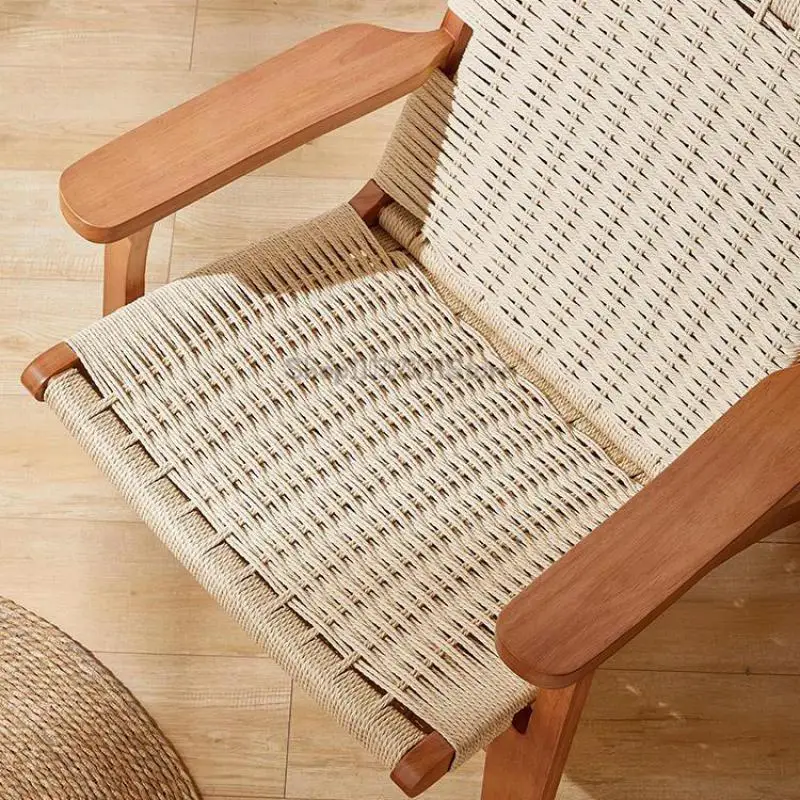 Single Lazy Sofa Chair Japanese Style Retro Style Ins Solid Wood Rattan Armchair Backrest Home Living Room Balcony