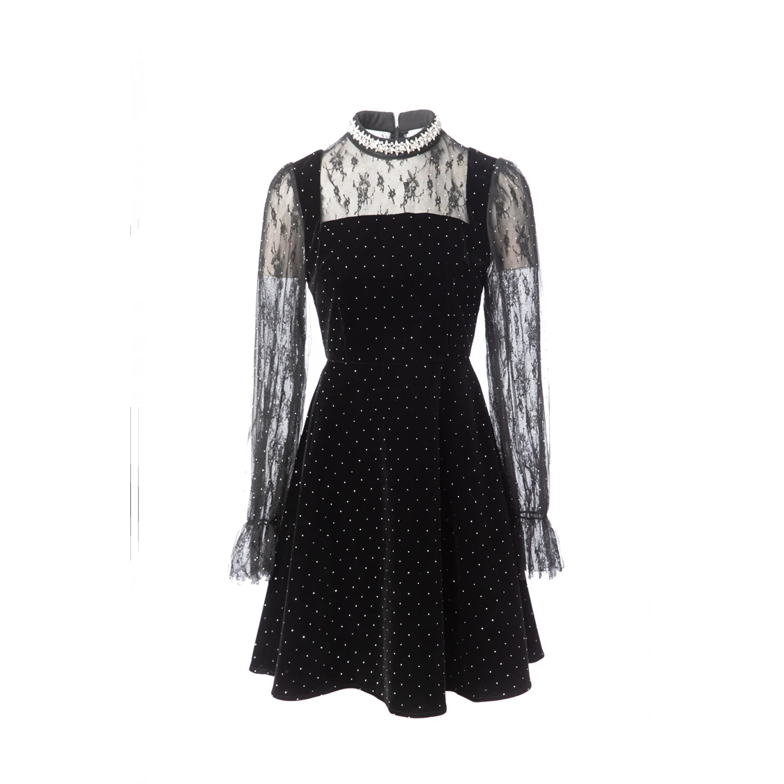 Langärmliges A-Linien-Kleid aus schwarzem Samt mit Polka Dots für Damen, Kristall-Strasskragen und durchsichtigem Spitzen-Overlay, eleganter Abschlussball