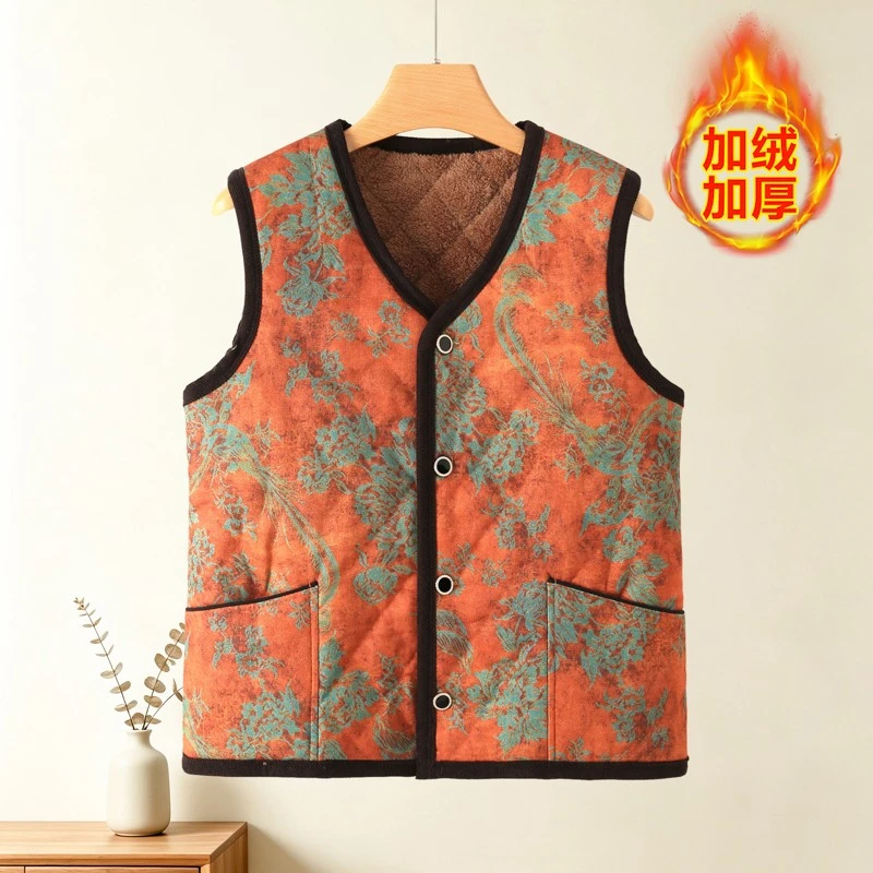 Autumn and winter plus Size print with plush Vest Top Sleeveless Jacket for Middle-Aged Mothers Vest casual Outerwear