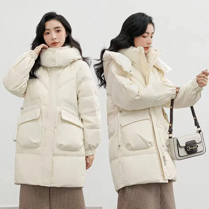 2023 Thicken Women's Coat Medium Long Down Cotton Jacket Winter New Padded Parkas Warm Hooded Coat Female Solid Casual Overcoat