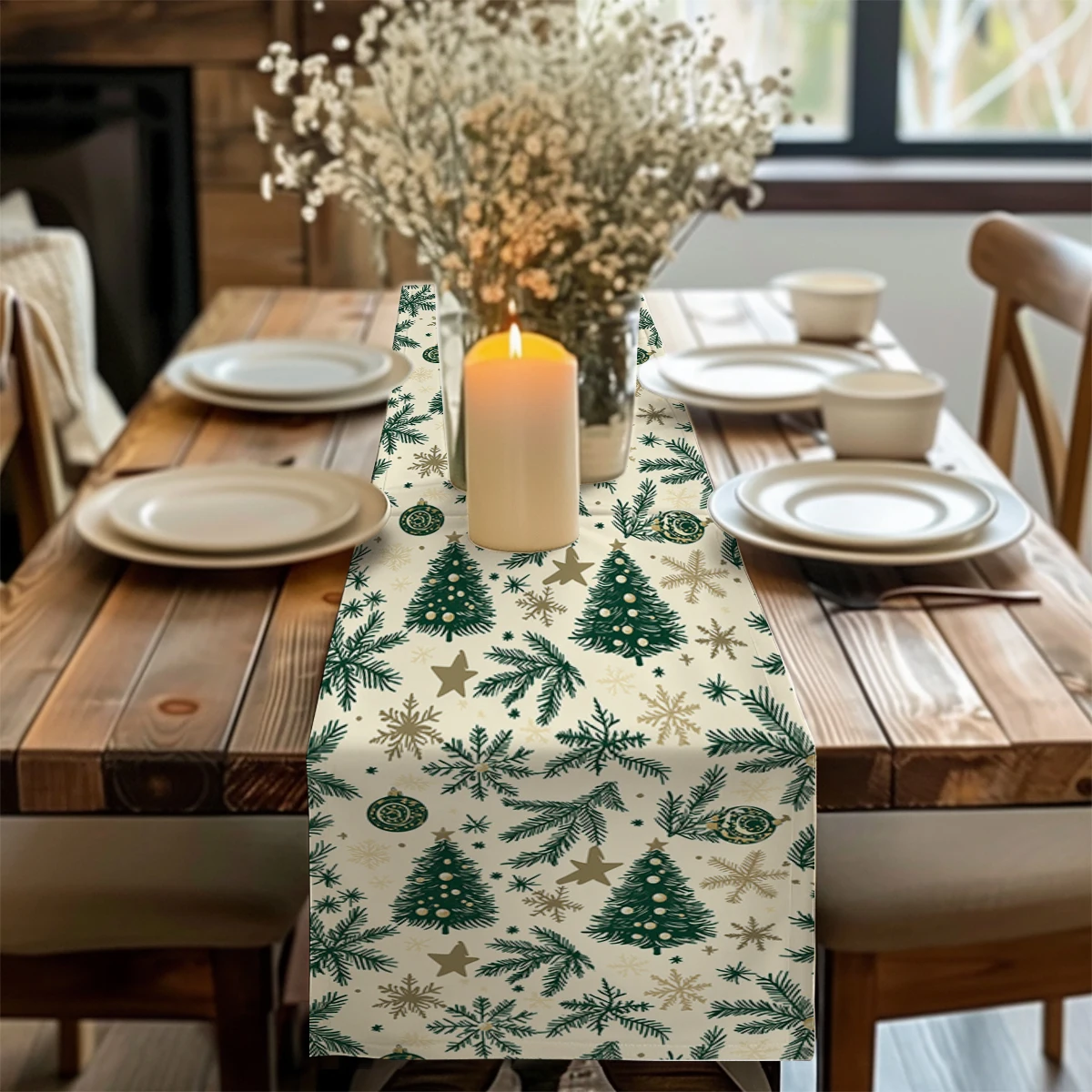 Christmas Tree Table Runner Kitchen Dining Table Decoration for Indoor Outdoor Home Table Runners Washable Dining Long Cloth