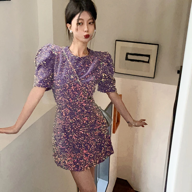 Women's Clothing Sexy Beauty Dress Fashion Sequin Mid-length Skirt Design Chic Slim Short Sleeve Female Temperament A-line Dress