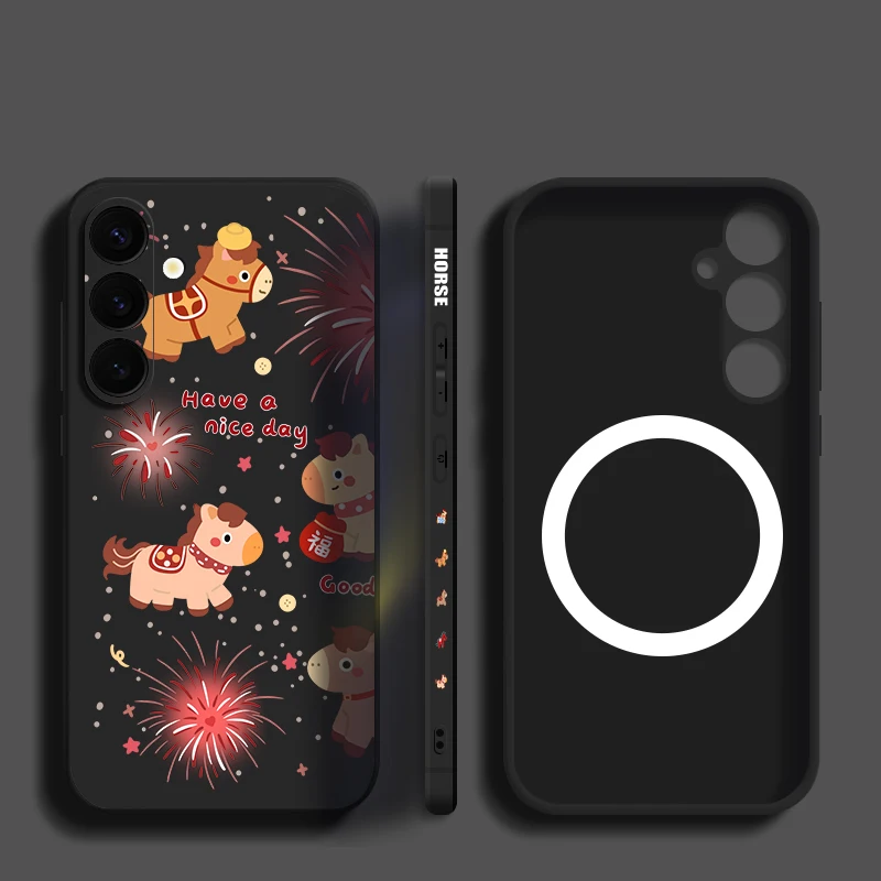 Cute Little White Horse Print Case For Samsung S26 S25 Ultra S24 S23 FE S22 Plus S21 Built-in Metal Plate Magnetic Soft Cover