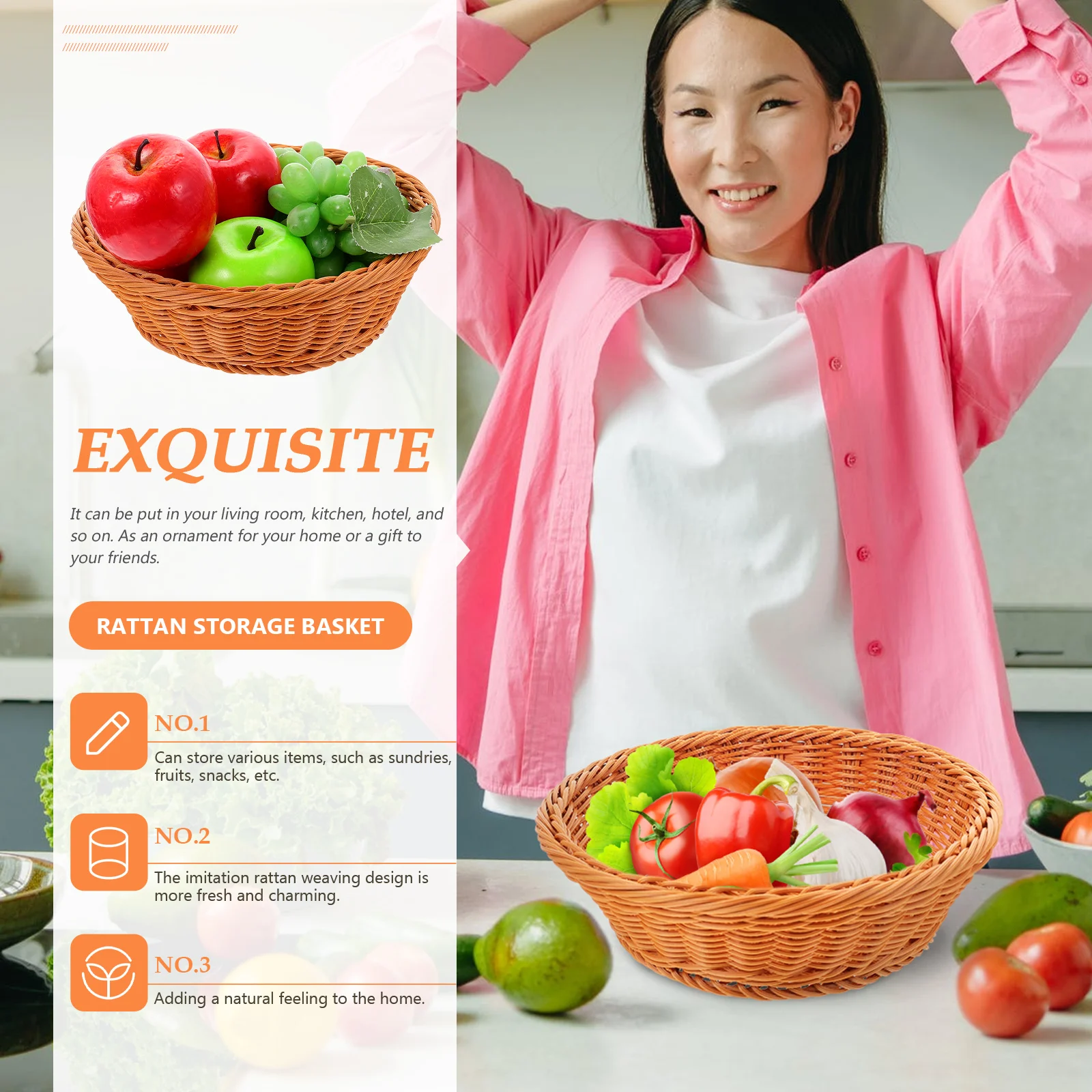 

Imitation Rattan Fruit Basket Green Household Woven Multi Function Storage Small Baskets Kitchen Living Room Hotel Plastic