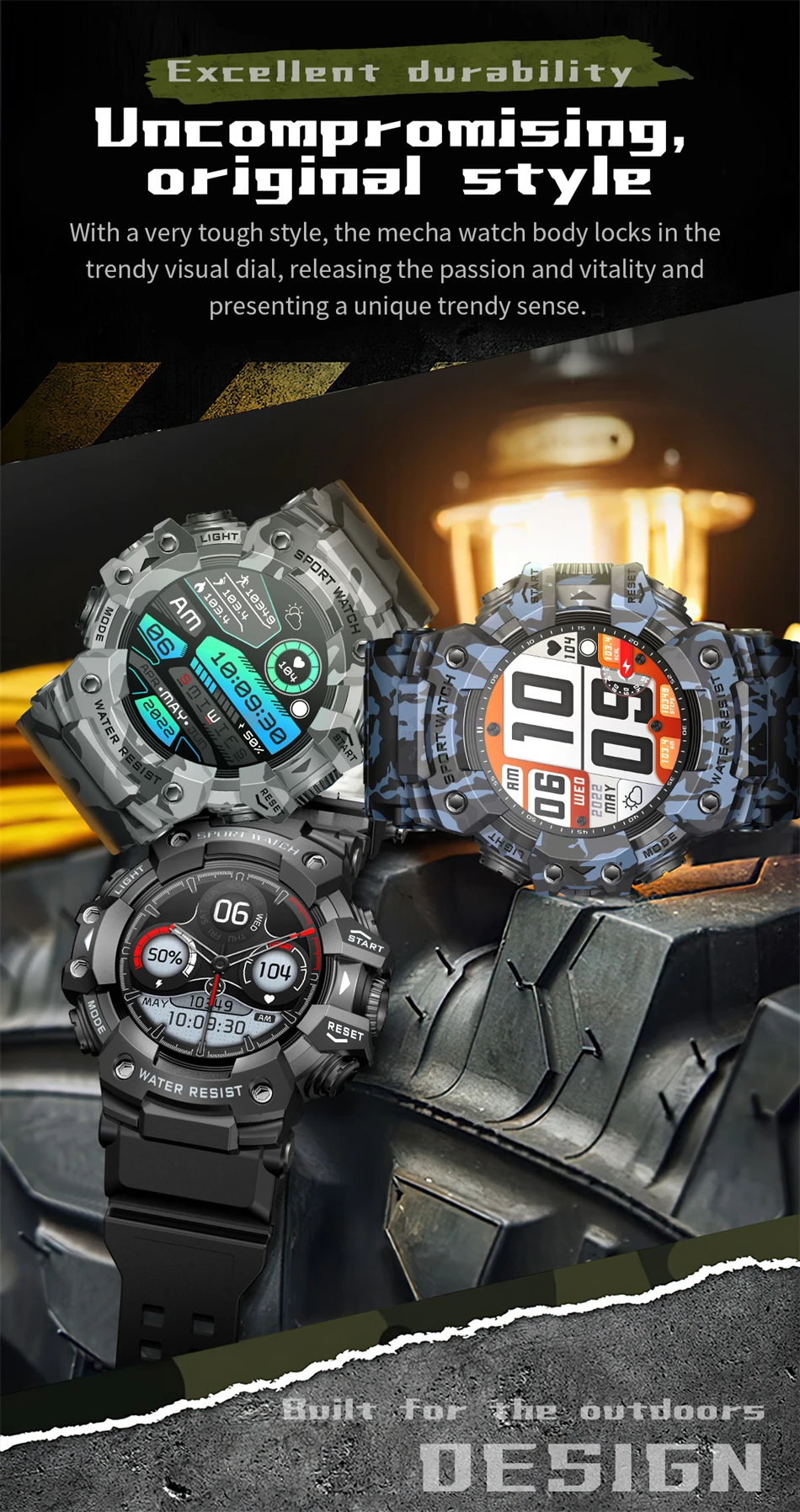 Neue Militär-Sport-Smartwatch für Herren, 100+ Sportarten, Outdoor-Fitness, Kompass, Herzfrequenz, BT-Anruf, wasserdichte Smartwatch für iOS und Android – Detail 5