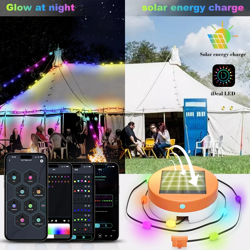 LED RGBIC Solar Tent Light String Portable Outdoor Camping Lamp 2 Modes Music Sync Decor Light String Emergency Storage Box Lamp