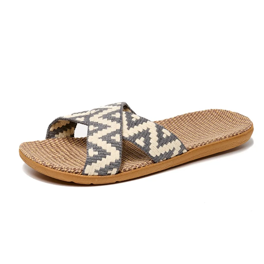 

Casual Ethnic Style Linen Cross Slippers Flax Soft Slides Sandals Non-Slip Shoes Patchwork Flat Slippers Indoor