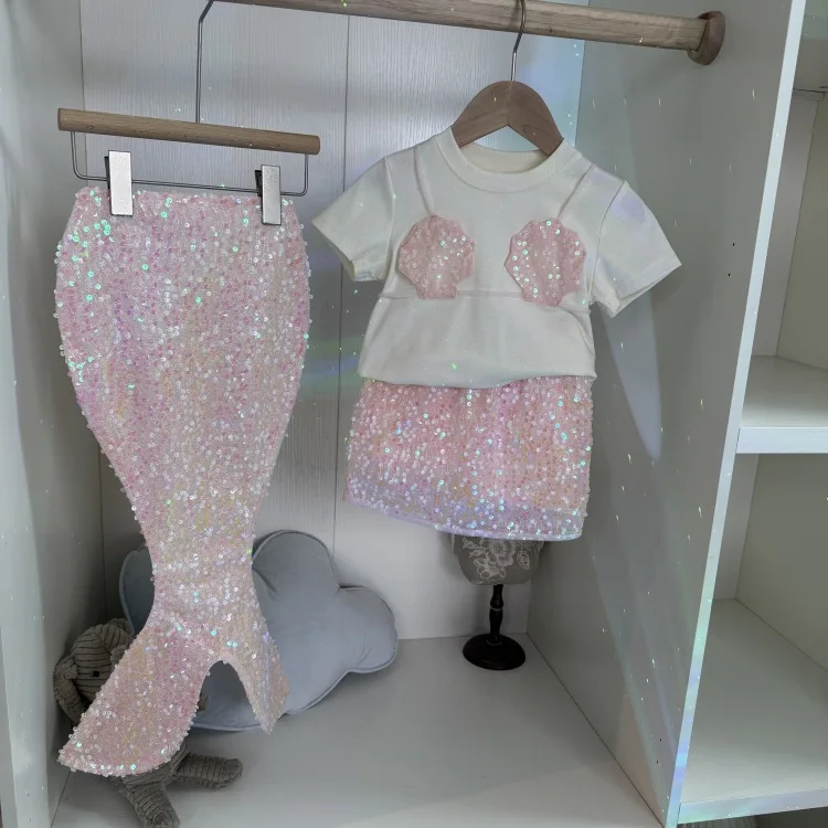 Girl Mermaid Set Design Short Sleeved T-shirts Anti Glare Skirt Pants Sequined Fish Tail Three Piece Set Princess Skirt