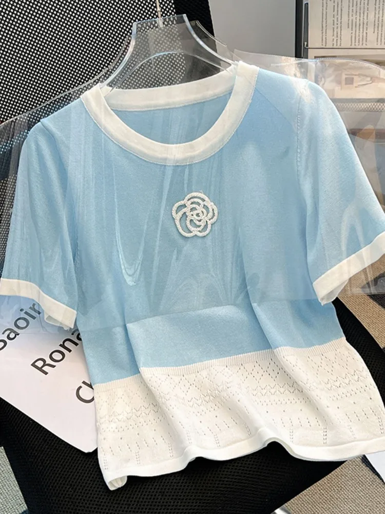 Summer Women's Knitted ort Sve T-irt Color Blo Design Slim Fit ort Length round Ne Top Creative Floral Pattern