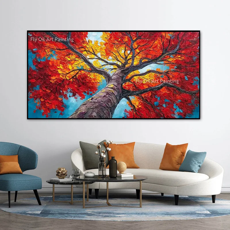 Heavy Impasto Large Canvas Tree Oil Painting Hand Painted Vibrant Fall Foliage Artwork Living Room Home Decor Items