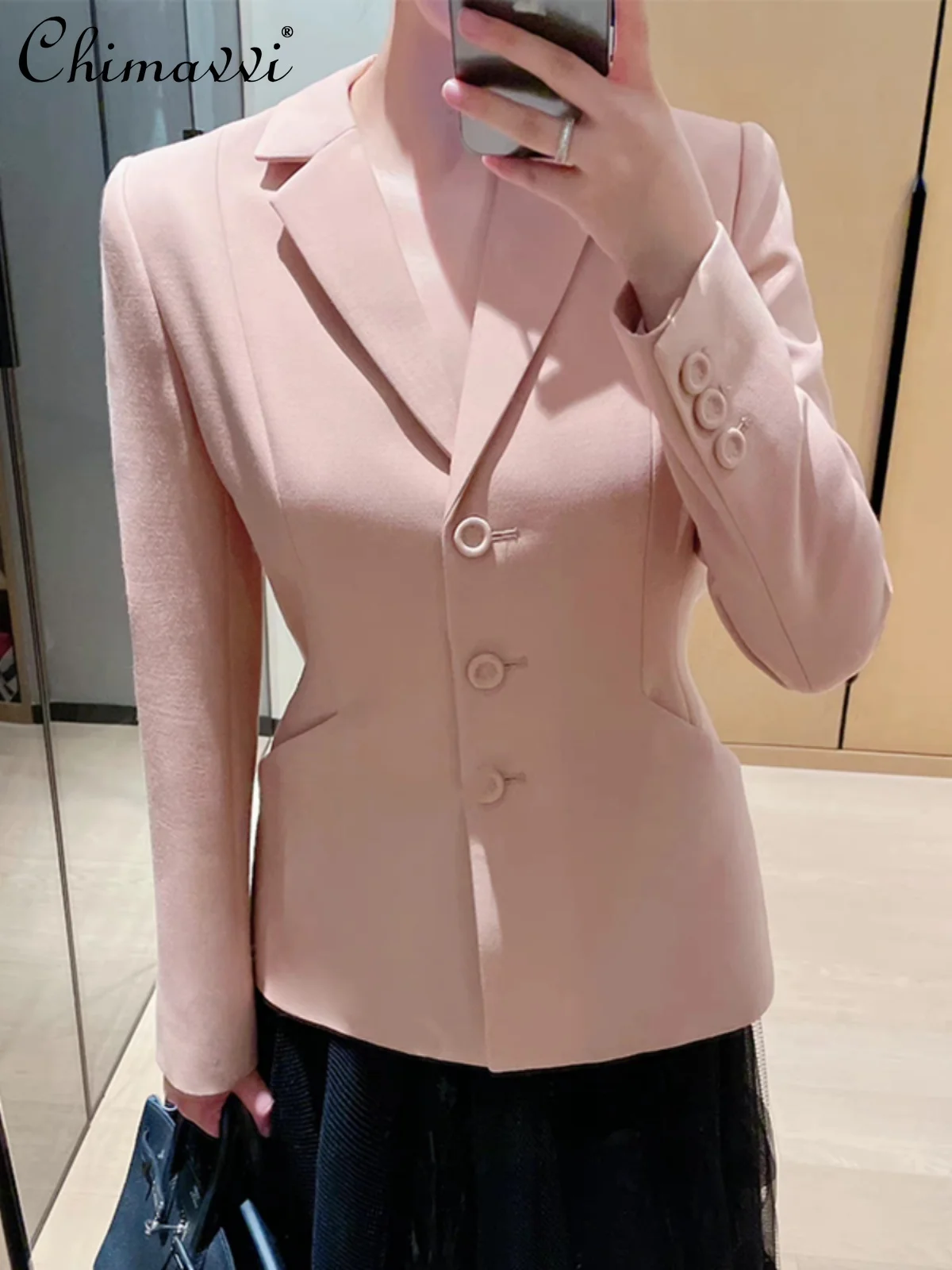 

European Style Spring and Autumn New Fashion Celebrity Elegant 3D Tailoring Single-breasted Slim Jacket V-neck Slim Suit Jacket.