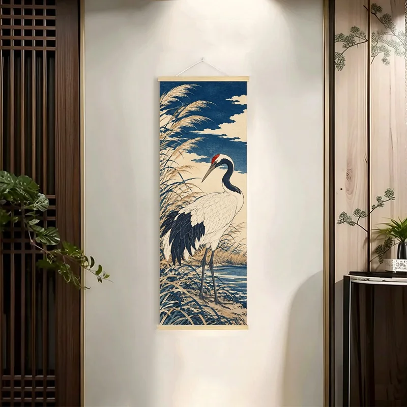 Japanese Ukiyo-e Hanging Scroll with White Cranes, Rolling Waves and Tall Reeds in Blue and Cream Colors for a Bedroom