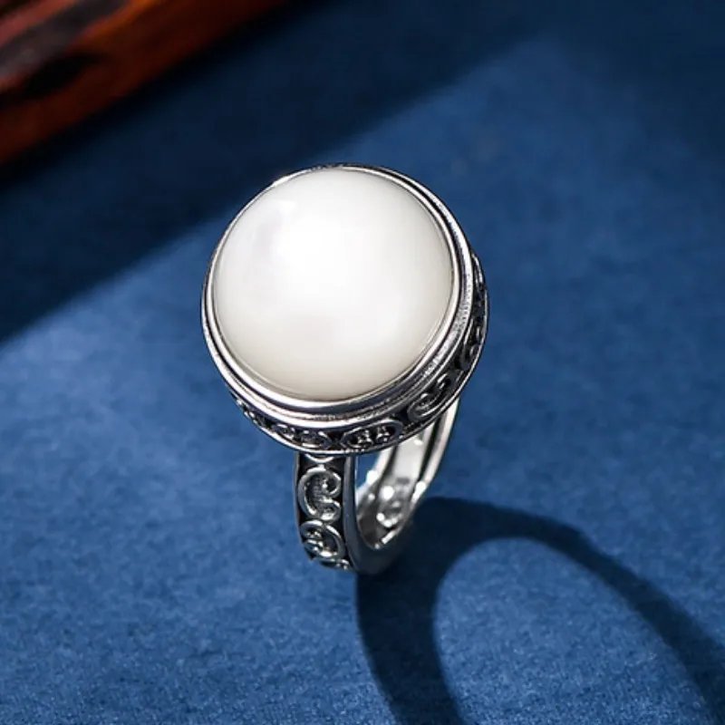 Genuine S925 Sterling Silver Rings for Women New Fashion White Seashell Chinese Ethnic Style Totem Jewelry Adjustable Size