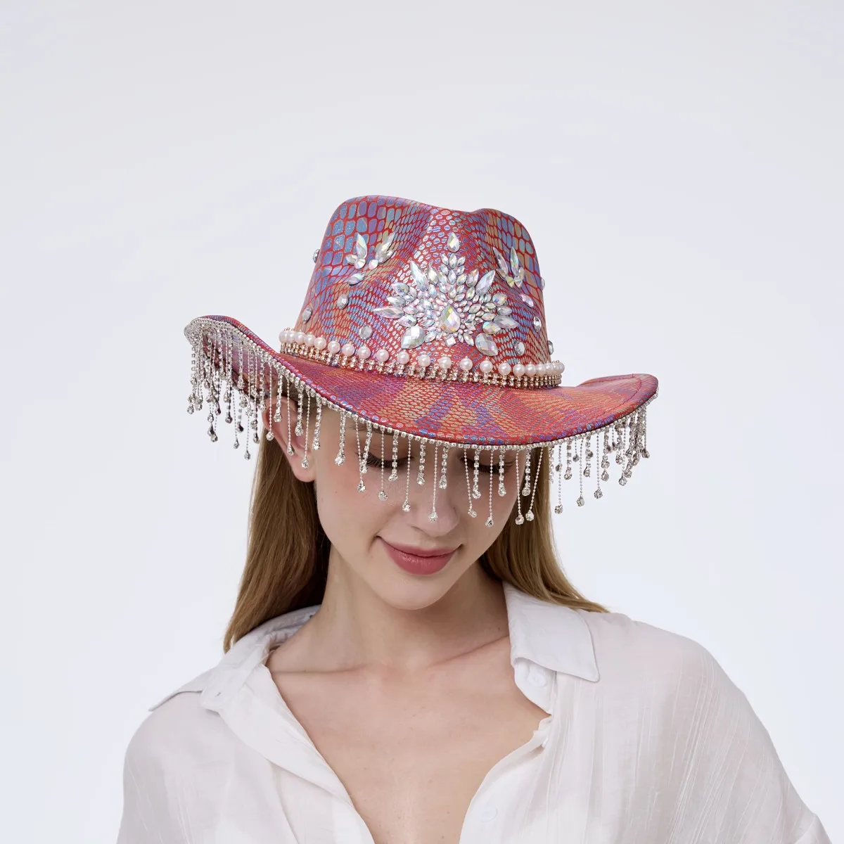 หมวกฮองหลวนประดับกลิตเตอร์สำหรับผู้ใหญ่และหมวกคาวบอยประดับคริสตัลสำหรับผู้หญิง, อุปกรณ์เสริมคอสเพลย์คาวบอยหญิงและหมวกคาวเกิร์ล