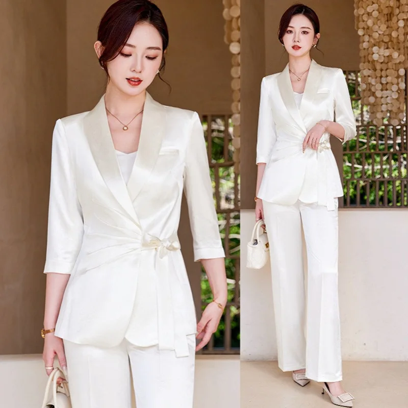 Designer Splicing ผู้หญิงอาวุโสหรูหรา Blazer ชุดกางเกงชุดซาตินผ้าไหม Office Lady Solid Coat ขนาดใหญ่ Elegant Jacket