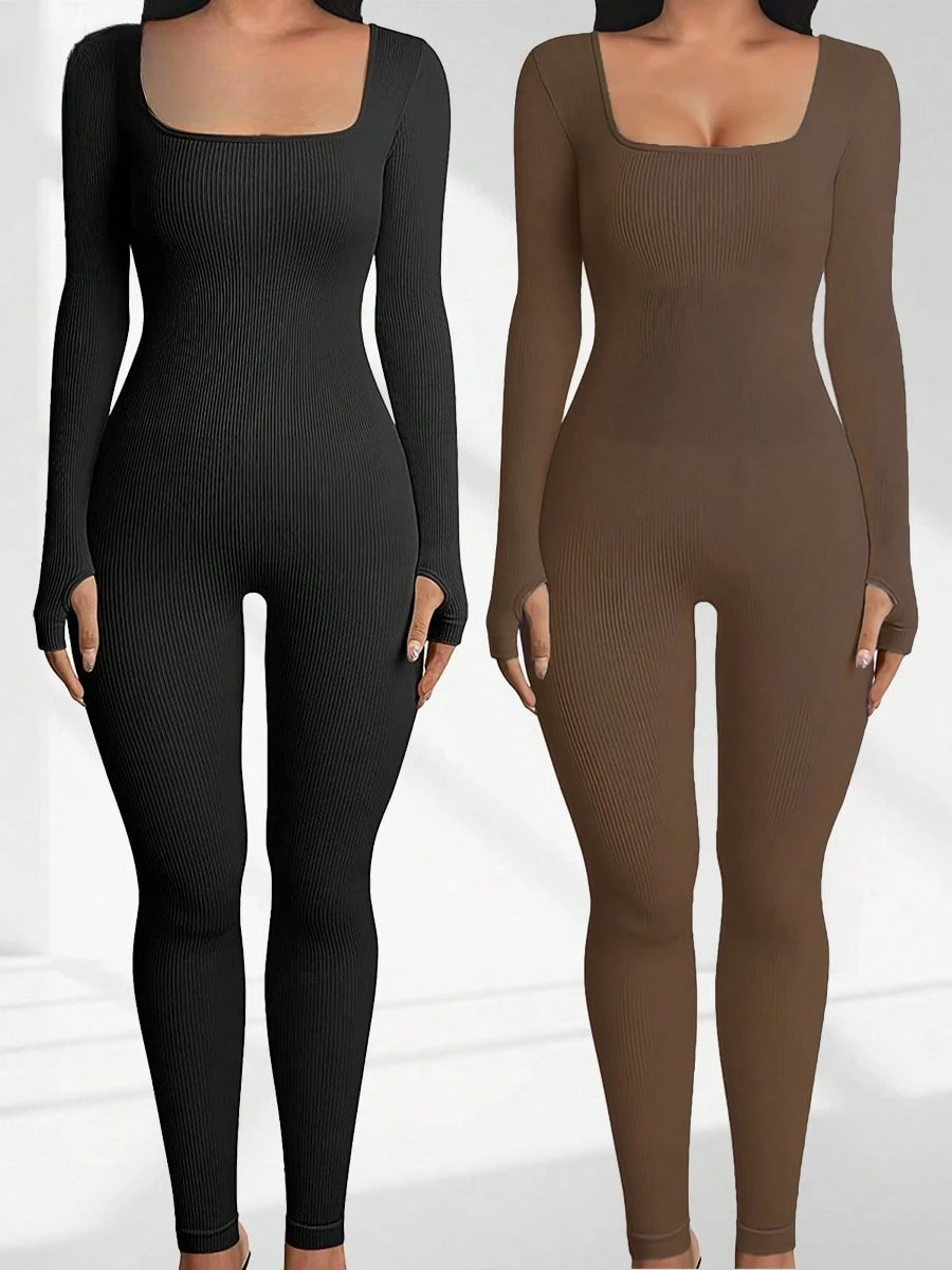 

BWQ 2pcs Women Skinny JumpsuitSolid Color Ribbed Knit Long SleeveSquare Neck Bodycon Jumpsuit Romper Work Out Yoga Playsuits