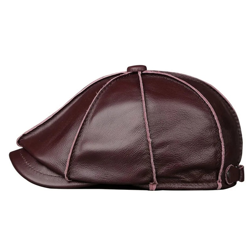 Men\'s Genuine Leather Warm Octagonal Cap Elegant Adjustable Newsboy Beret Cowhide Tongue Cap