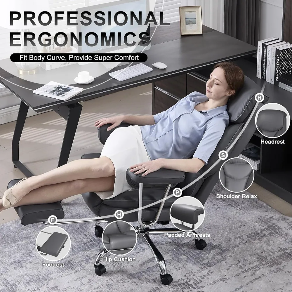 Ergonomic High Back Leather Office Chair for Big and Tall, Executive Desk Computer Chair with Footrest and Padded Arms
