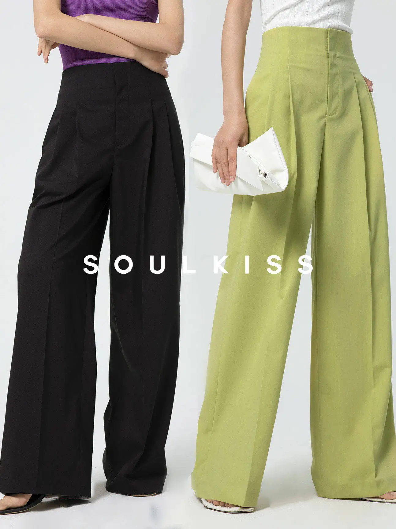 

Soulkiss Stylish High Waist Wide Leg Pants Double Pleats Slimming Effect Fashionable Commute Style Ladies' Casual Trousers
