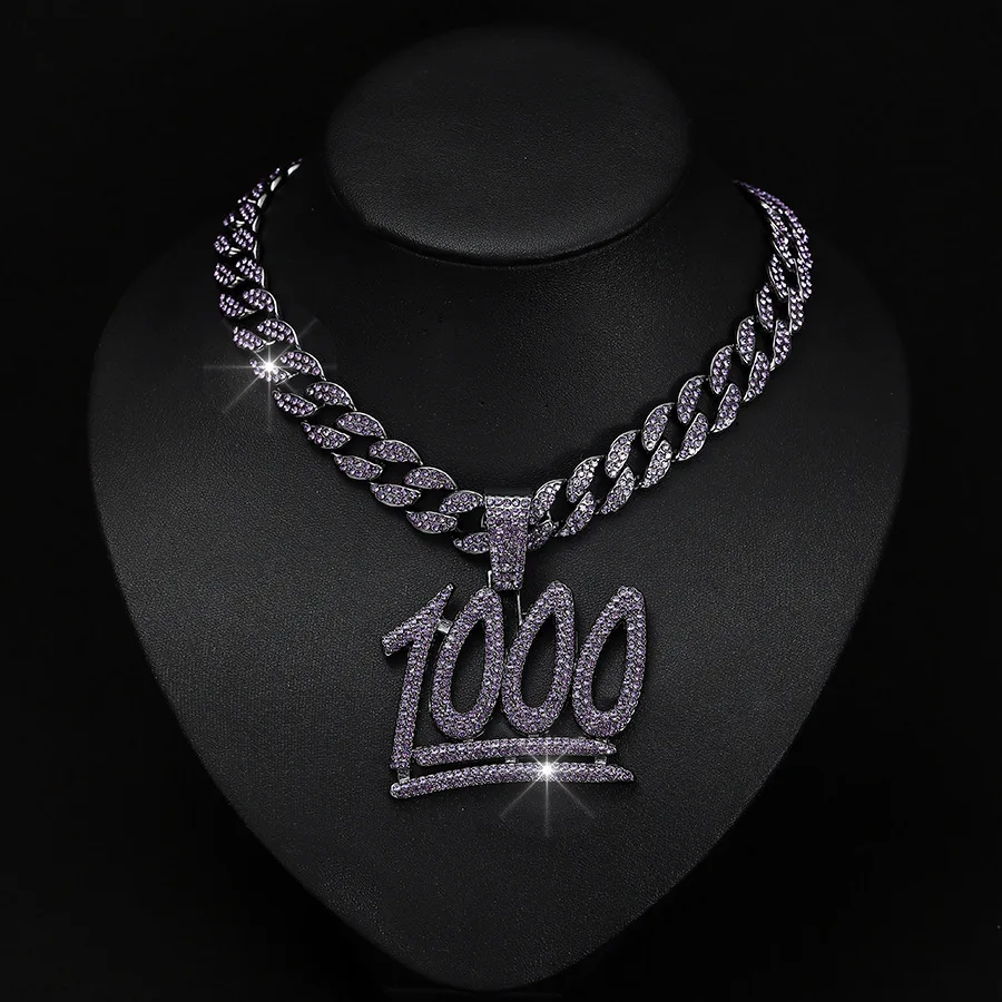 

Hip Hop Purple Stainless Steel Cuban Chain Number 1000 Pendant Ice Crystal Inlaid Necklace Jewelry Men and Women Fun Gift