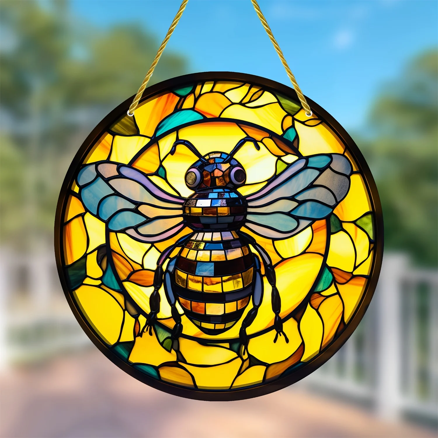 Unique Bee Stain Art Window Decor, Sun Catcher, Family, Lover, Friends, Acrylic Round Wreath Sign, Yard, House, Room, Home