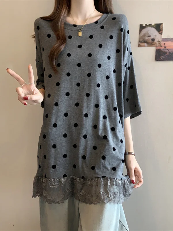Polka Dot Lace Splice Short Sleeve T-Shirt Women's Summer New plus Size Cover Belly Mid-Length Base Shirt Korean Style Loose Fit
