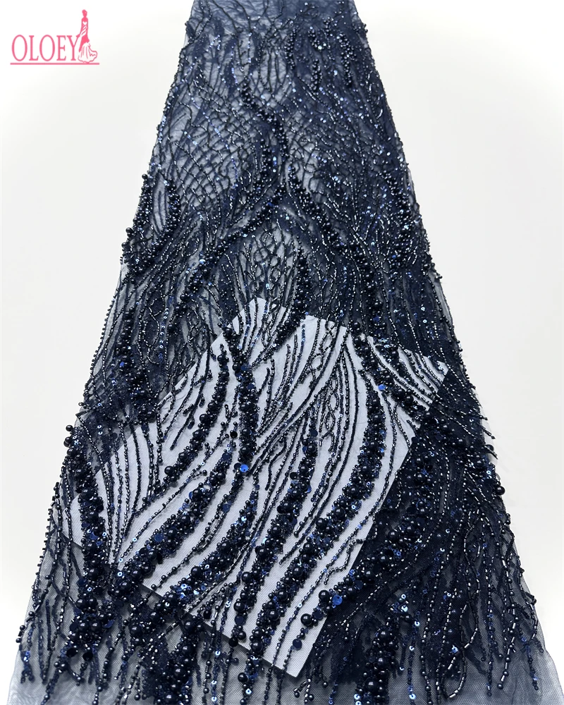 OLOEY   African French Sequined Lace Fabrics High Quality Tulle Lace Nigerian Beaded Embroidered Dress Material For Party W
