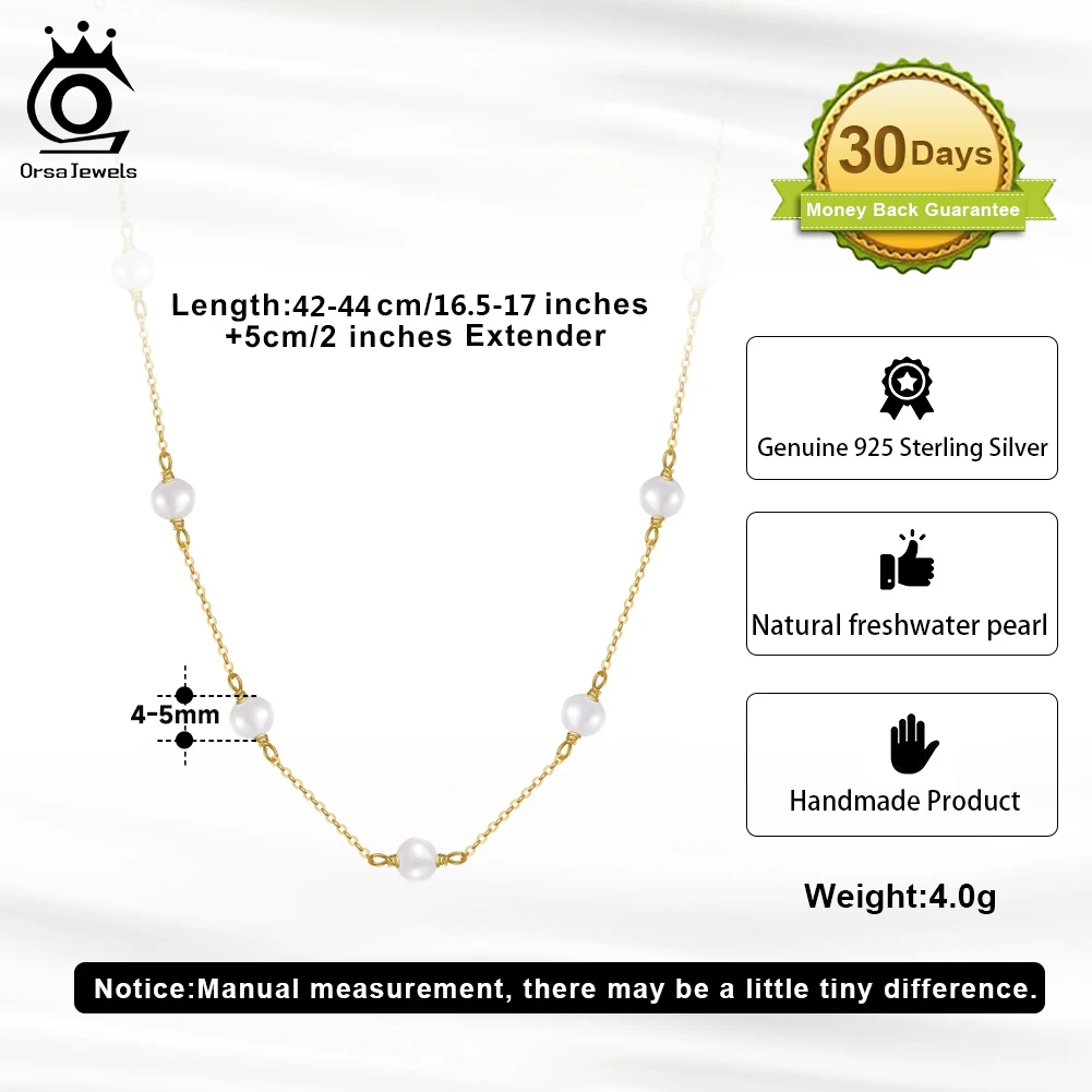 Rinntin 14K Gold 925 Sterling Silver Pearl Tiny Chain Necklace with 3-4mm Handmade Natural Baroque Pearl for Women GPN19