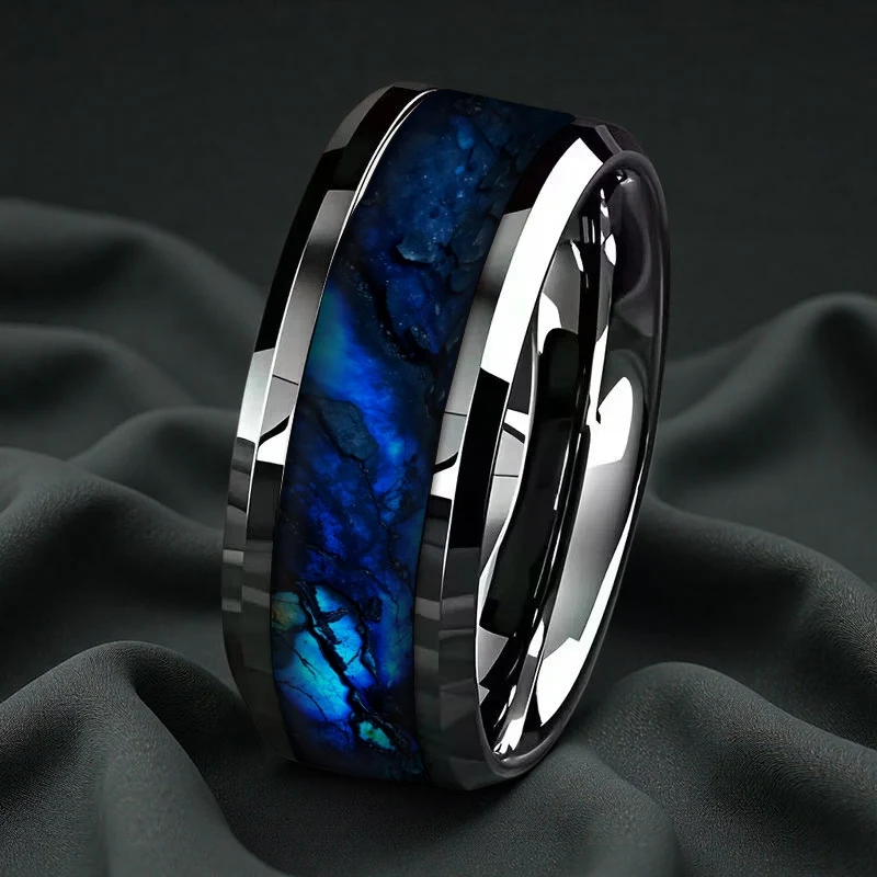 SUNFLOWER 2026 Fashion Blue Starry Sky Men Stainless Steel Rings Unique Non-fading Wedding Band Polished Double Bevel Ring