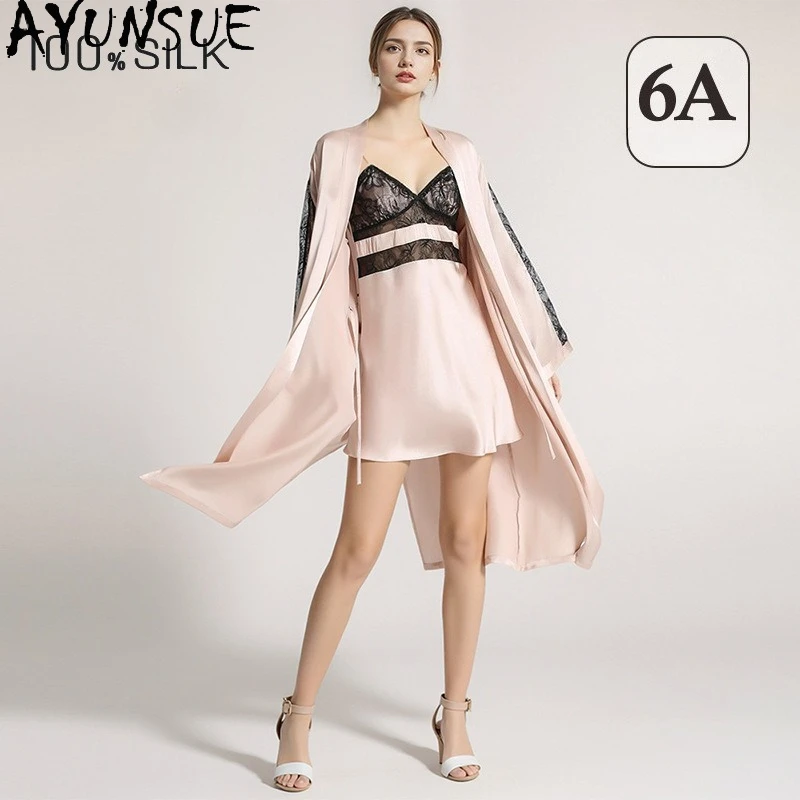 

AYUNSUE 100% шелковые халаты из тутового шелкопряда для женщин, 16 мм, новинка 2026 года, весенне-летняя одежда для сна, ночная сорочка, пижамы, женский халат для душа