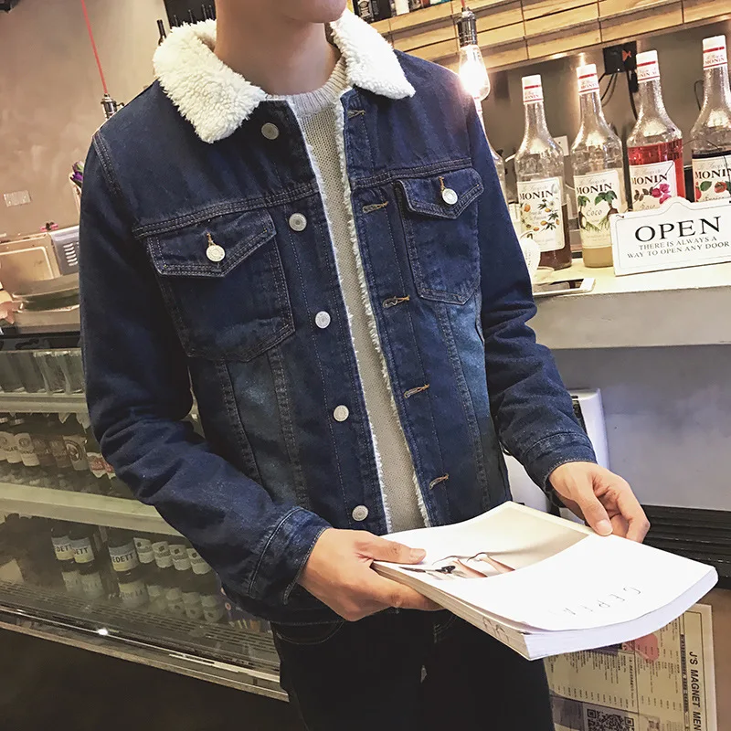 

Men Denim Coats Retro Plush Thickening Cotton Coat Winter Couple Denim Jacket Men's Trendy Jackets Lapels Spliced Buttons Tops