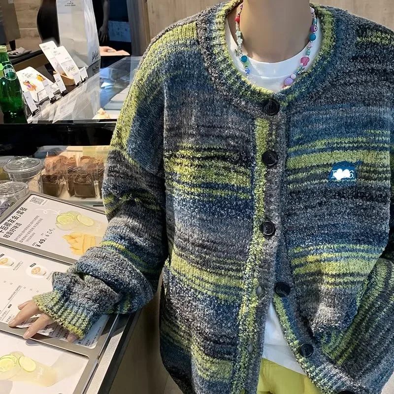 Pull tricoté rétro pour hommes, bloc de couleurs, ample, dégradé rayé, Cardigan ouvert, Style décontracté, nouvelle collection automne, mode paresseuse