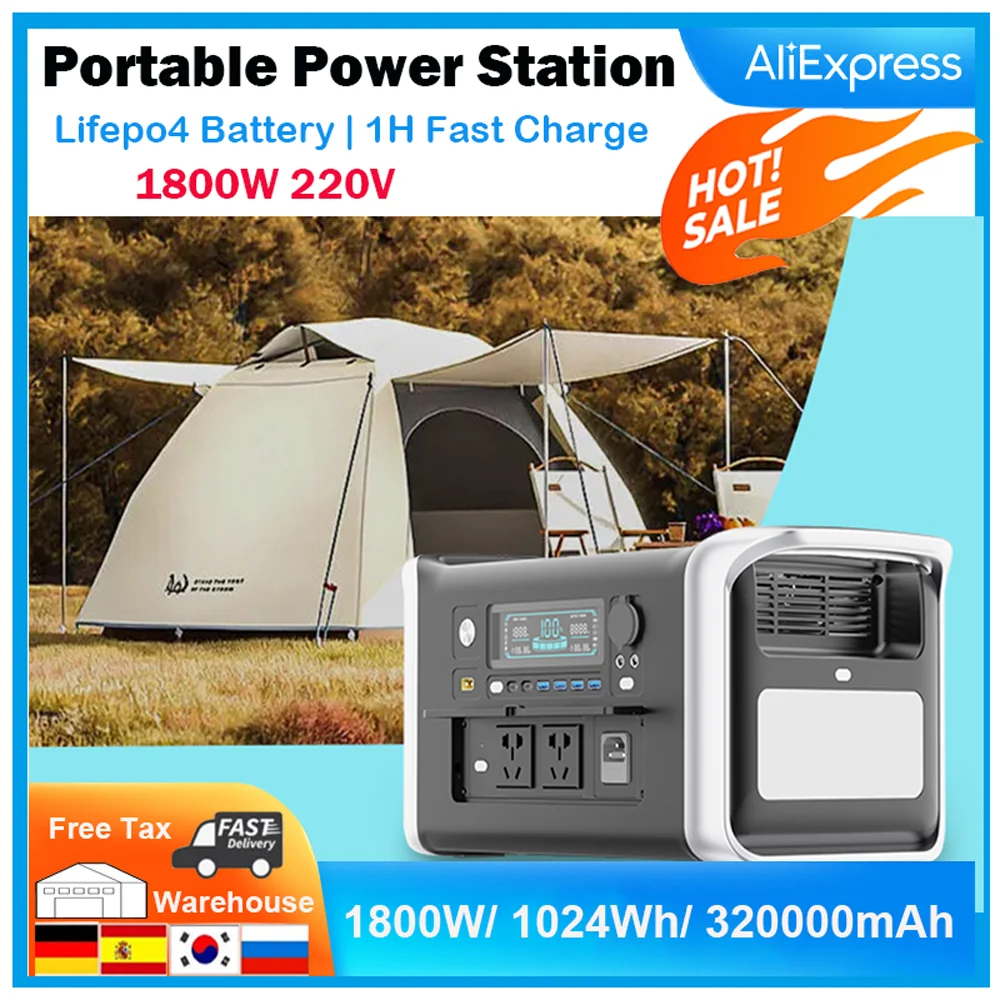 Máquina Eléctrica de 1800W, estación de energía portátil, 1024WH, 220V, almacenamiento de energía de batería LifePO4 para el hogar, Camping, fácil de llevar