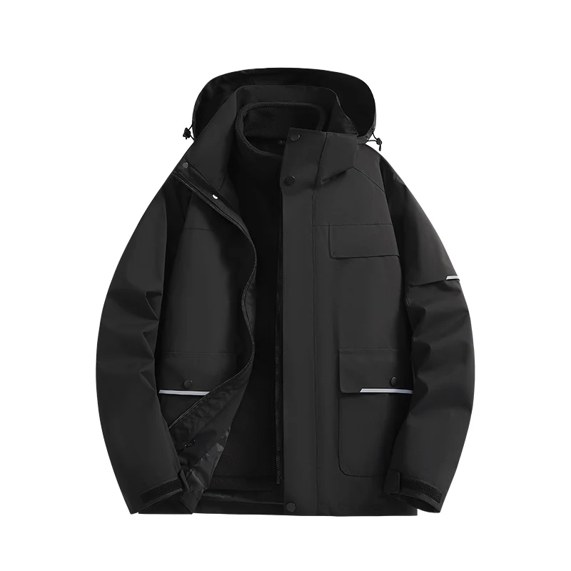 Autumn Winter 3-in-1 Jacket Casual Outdoor Mountaineering Windproof  Detachable Hat Coat Warm Inner Lining with Velvet Men Wear