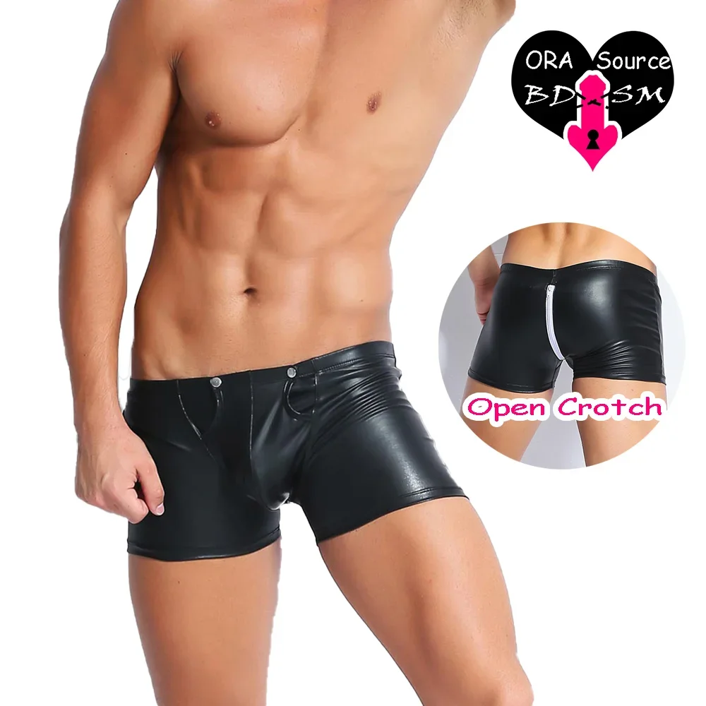 Man Open Crotch Pants Leather Double Zippers Exotic Panties G-Thong Penis Pouch Black Underwear PU Erotic Hole Sexy Boxers 2