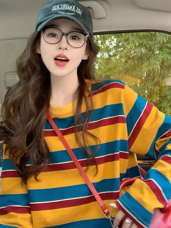 Women Color Block Striped Long Sleeve T Shirt Crew Neck Loose Casual Retro Yellow Blue Red Stripe Basic Tee Daily Streetwear image 2