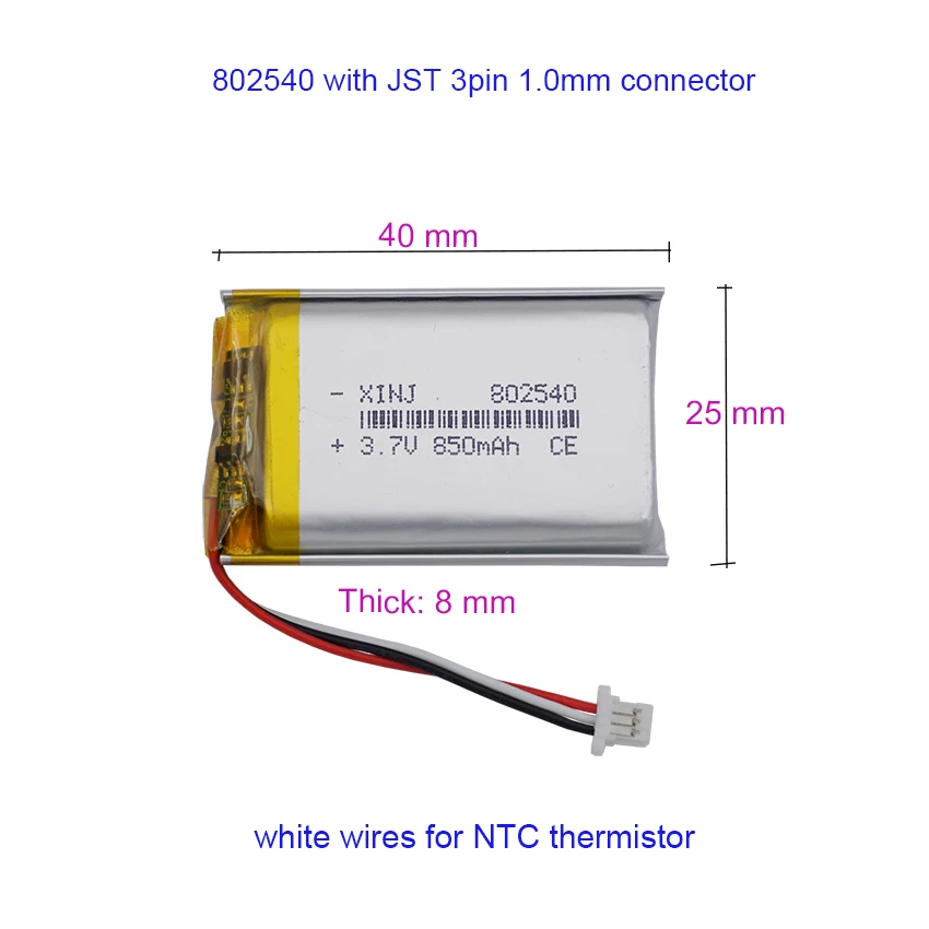 3.7V 850mAh 3.14Wh li-polymer baterai Lithium Li 802540 JST 3pin 1.0 steker untuk GPS Bluetooth Speaker kamera mobil Mp3 MP4 DashCam
