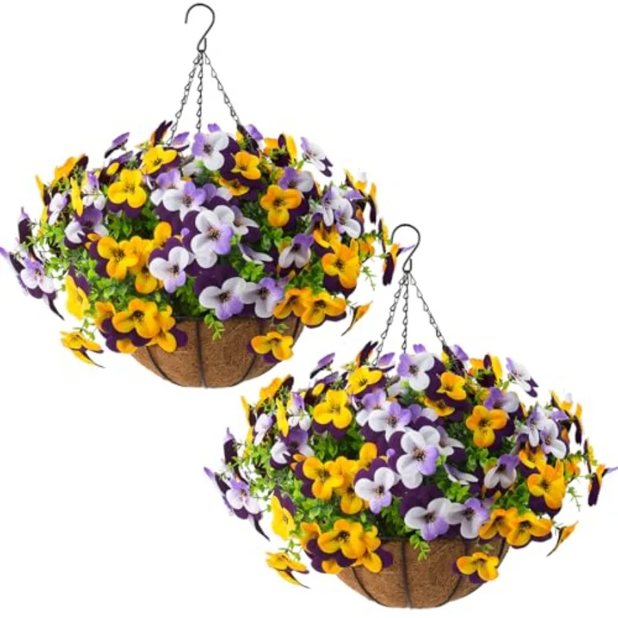 

2 Set Artificial Outdoor Pansy Flowers with Hanging Baskets 24 Pcs Silk Flowers in Purple Yellow White Light Purple for Spring