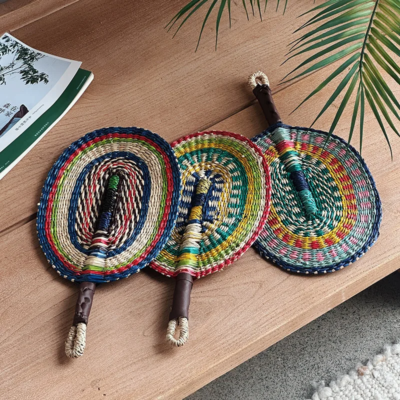 

Hand-Woven Fan Ethnic Style Elements Colorful Straw Summer Handheld living room Decoration Retro Wall Hanging New Chinese Style