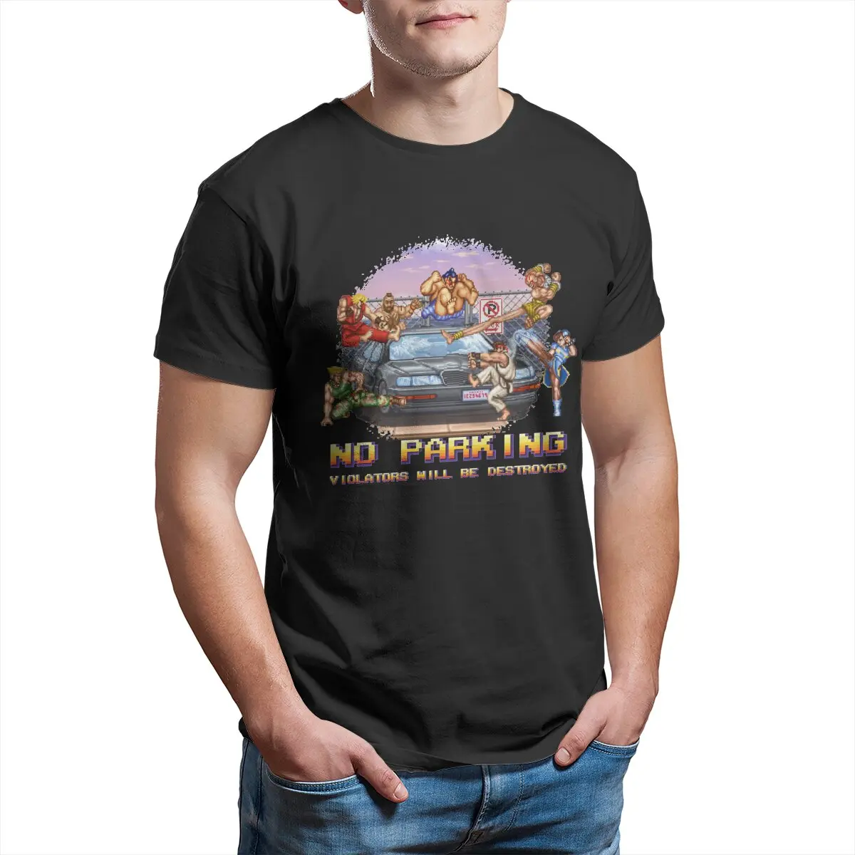 No Parking Violators Will Be Destroyed Street Fighter T Shirt Men\'s Cotton Novelty T-Shirt 8bit Pixel Art Tees Tops New Arrival