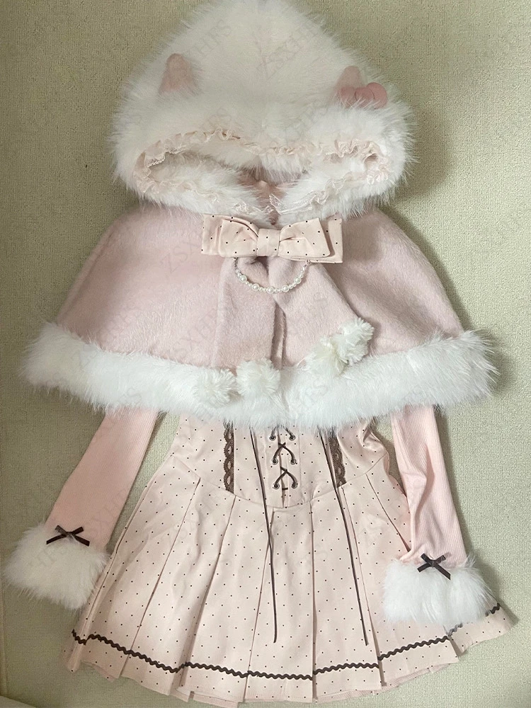 Cuteore Rabbit Early Spring New Japanese Princess Dress  Three Piece Set Sweet Fury Hood Cloak Shawl Coat And Pink Kawaii Dress