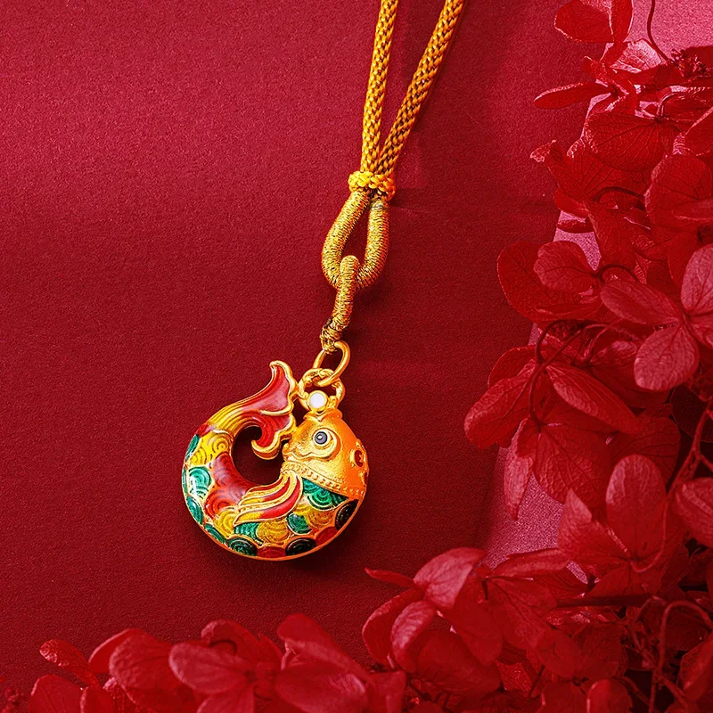 

9999 Real Gold 24K Versatile new Chinese retro enamel colored koi necklace, ethnic style red fire carp koi pendant