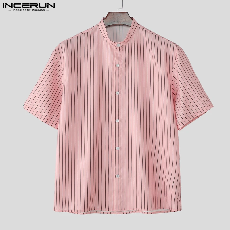 

INCERUN Men Striped Shirt Summer Stand Collar Short Sleeve Casual Men Clothing Streetwear 2025 Fashion Loose Male Shirts S-5XL
