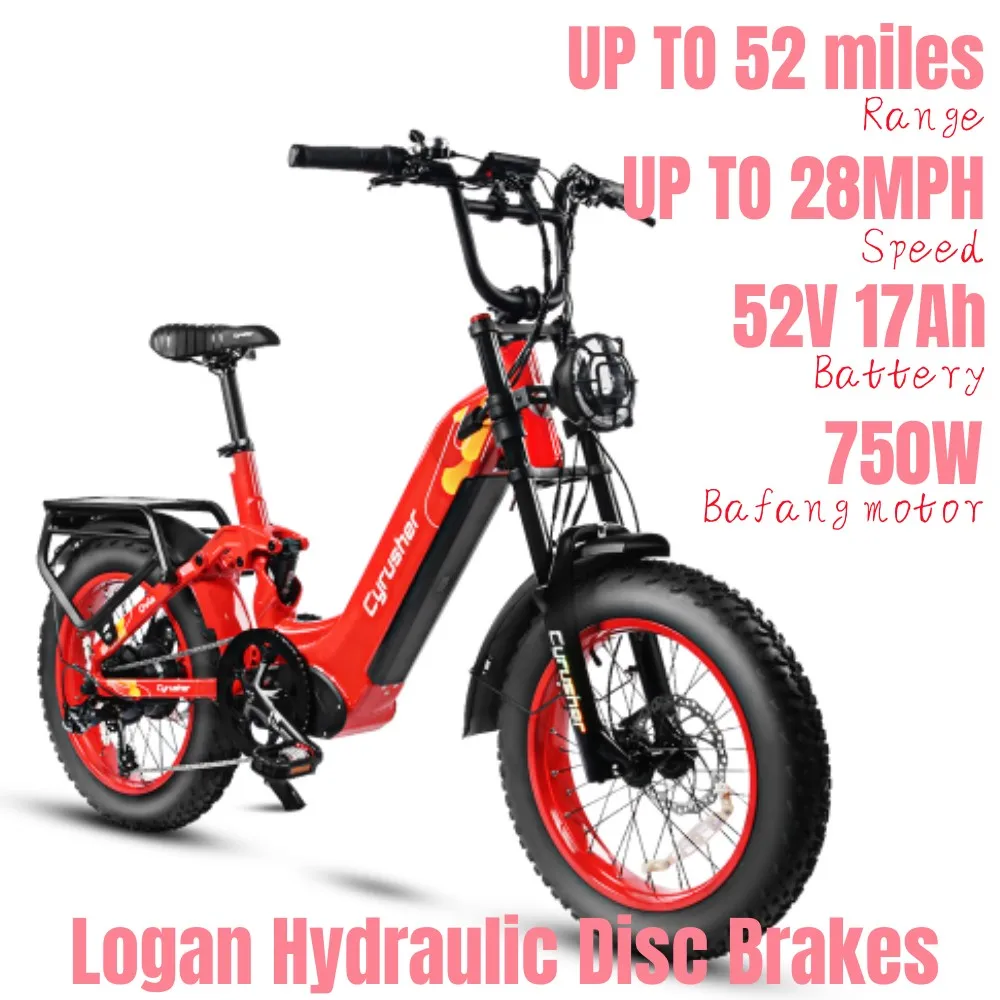 Cyrusher Ovia Step-Through Ebike 750W 52V 17Ah 20Inch Up to 52 Miles Max Range Full Suspension 3.7'' LCD Display Colorful Rims