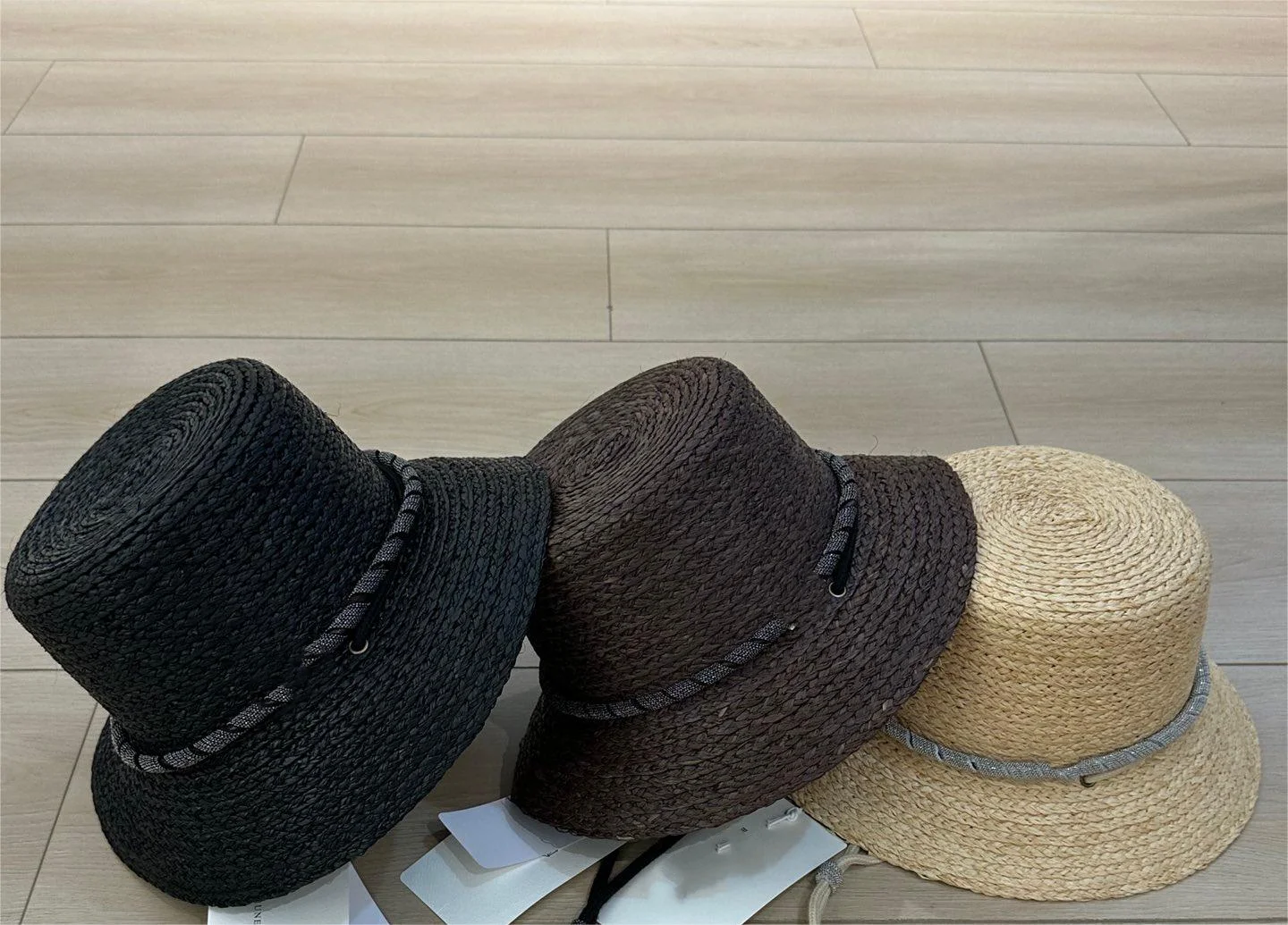 

Women's Straw Weaving Fisherman Hat 2024 Spring Summer Bead Chain Drawstring Casual Sun Protection Cap