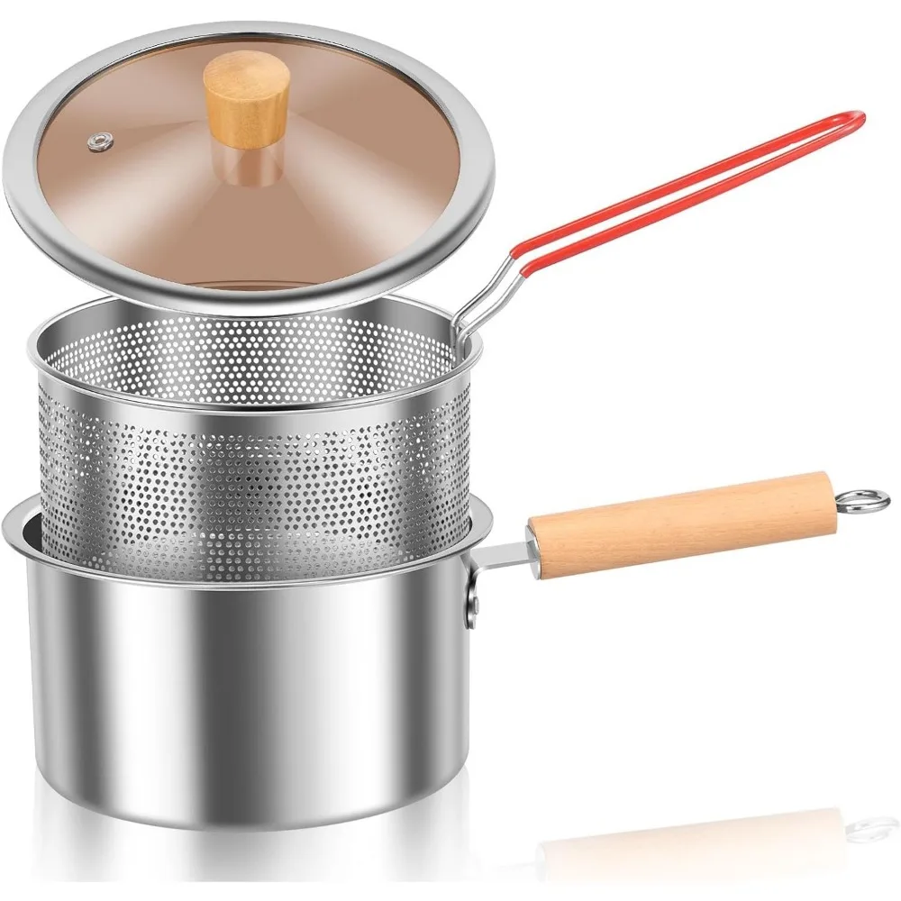 2.5L stainless steel deep fryer with perforated basket, food-grade tempura fryer, easy-grip handle, suitable for home kitchens